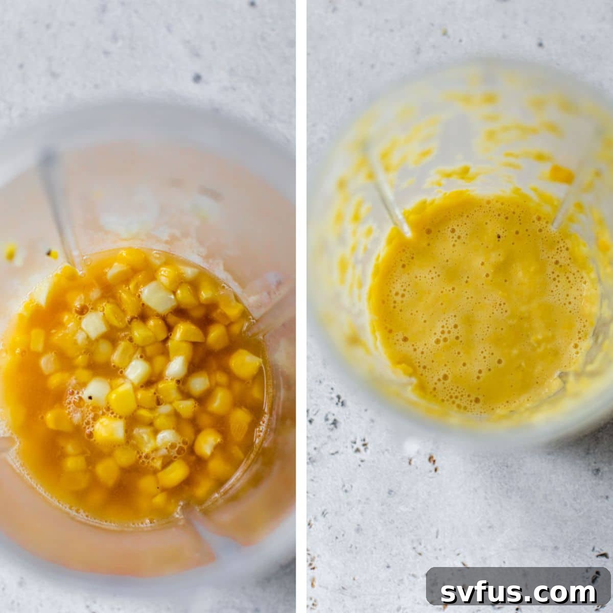 A visual guide showing corn and pasta water added to a blender on the left, and the resulting smooth, creamy blended corn mixture on the right.