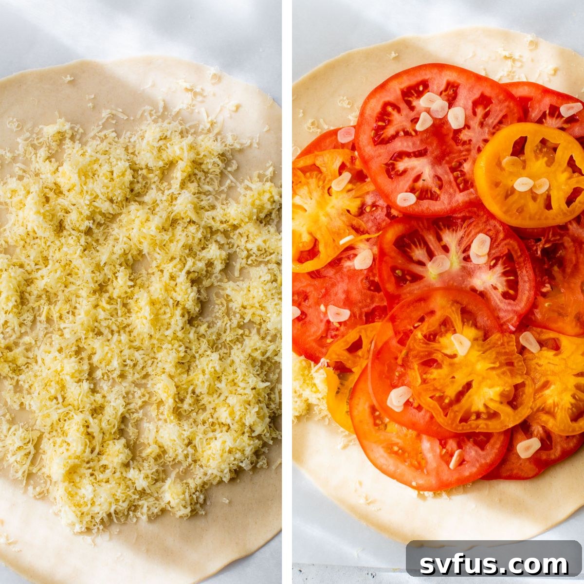 Two images side by side. The left image shows shredded Gouda cheese spread over a circular pie dough. The right image shows neatly layered heirloom tomato slices with garlic on top of the cheese.