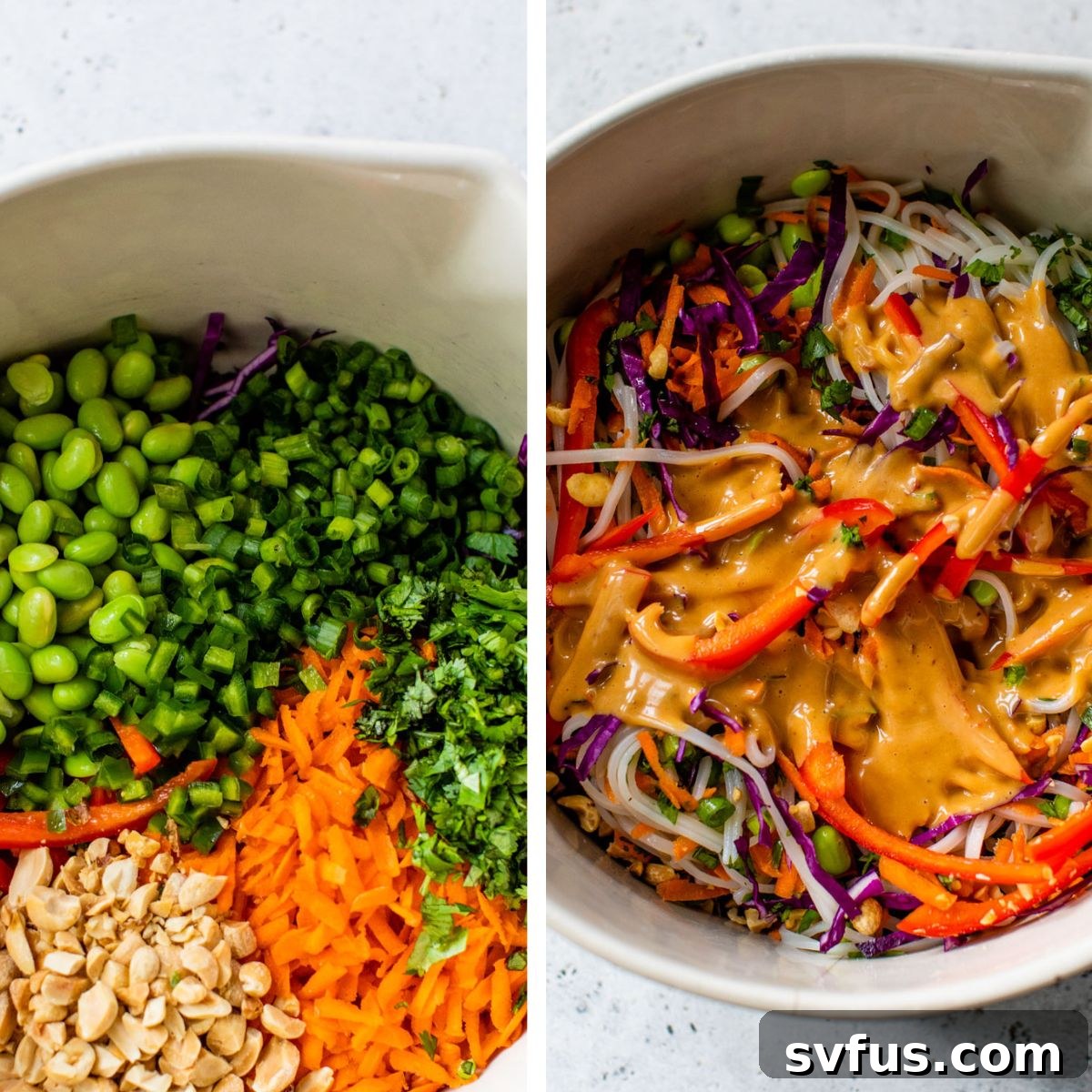Two images: The left shows all salad ingredients in a large bowl. The right shows noodles and salad ingredients tossed together with Thai peanut sauce on top.