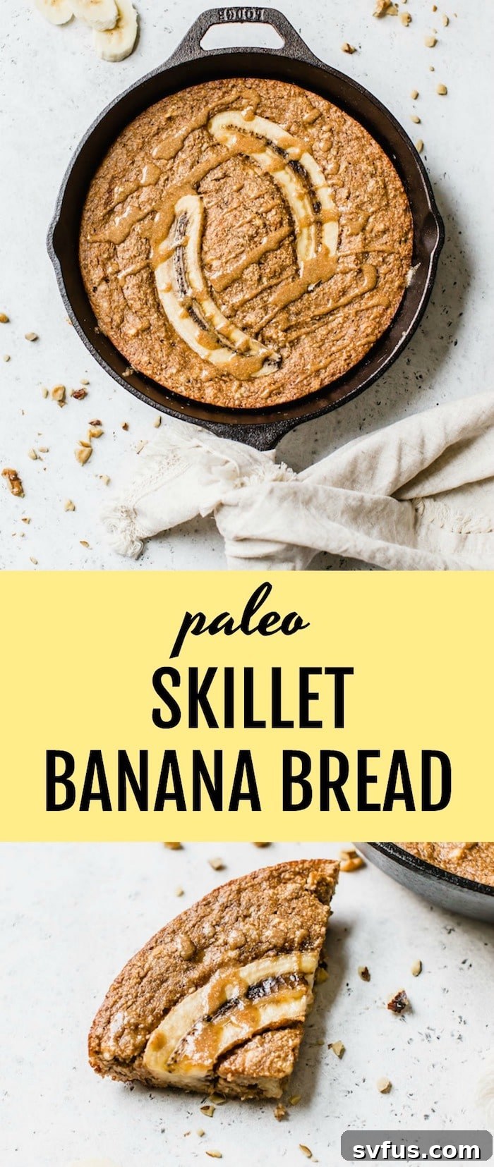 Close-up shot of a slice of Paleo Skillet Banana Bread, showing its fluffy texture and nutty inclusions.