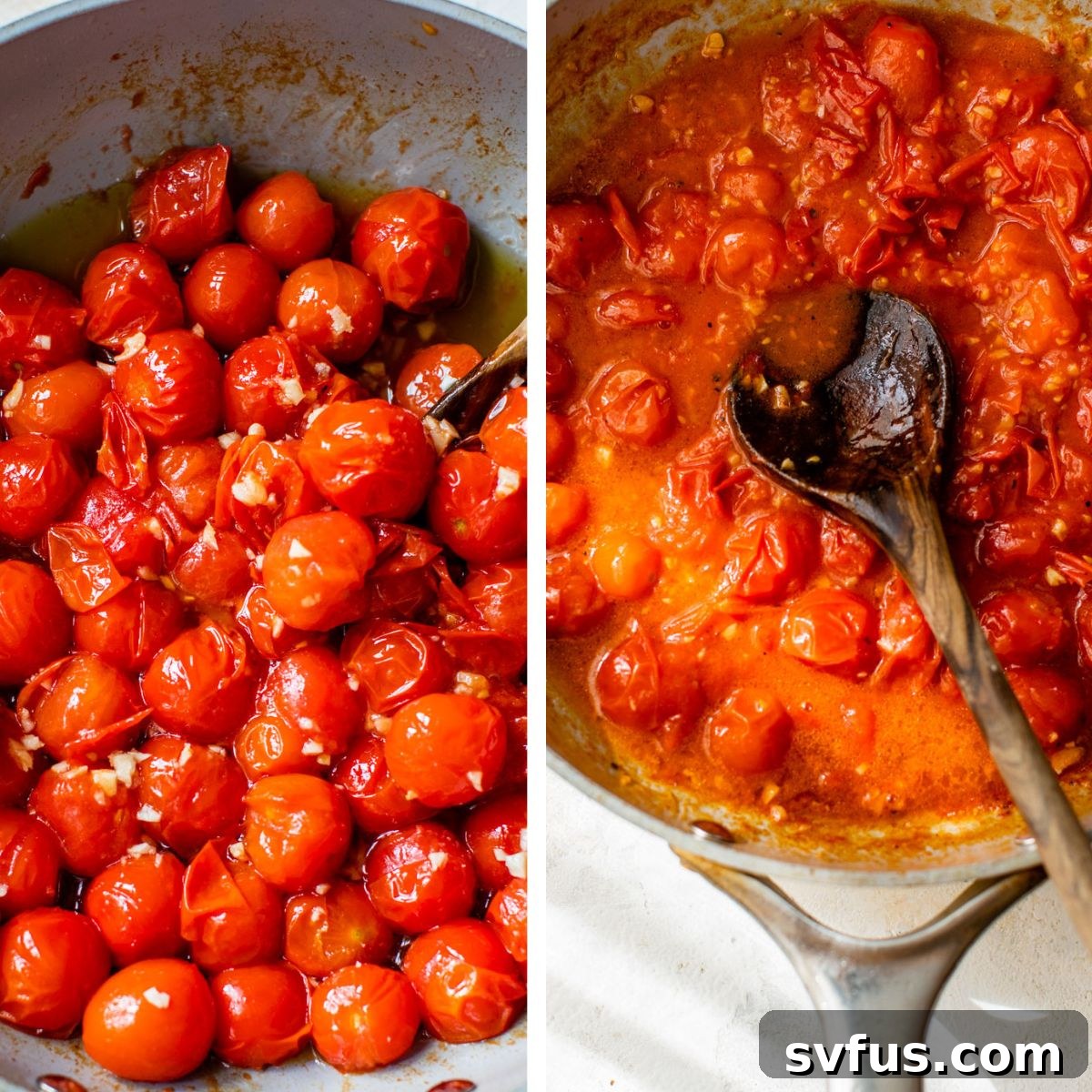 Two images side-by-side: the left shows cherry tomatoes softening in olive oil; the right shows the tomatoes being mashed with a wooden spoon to create a sauce base