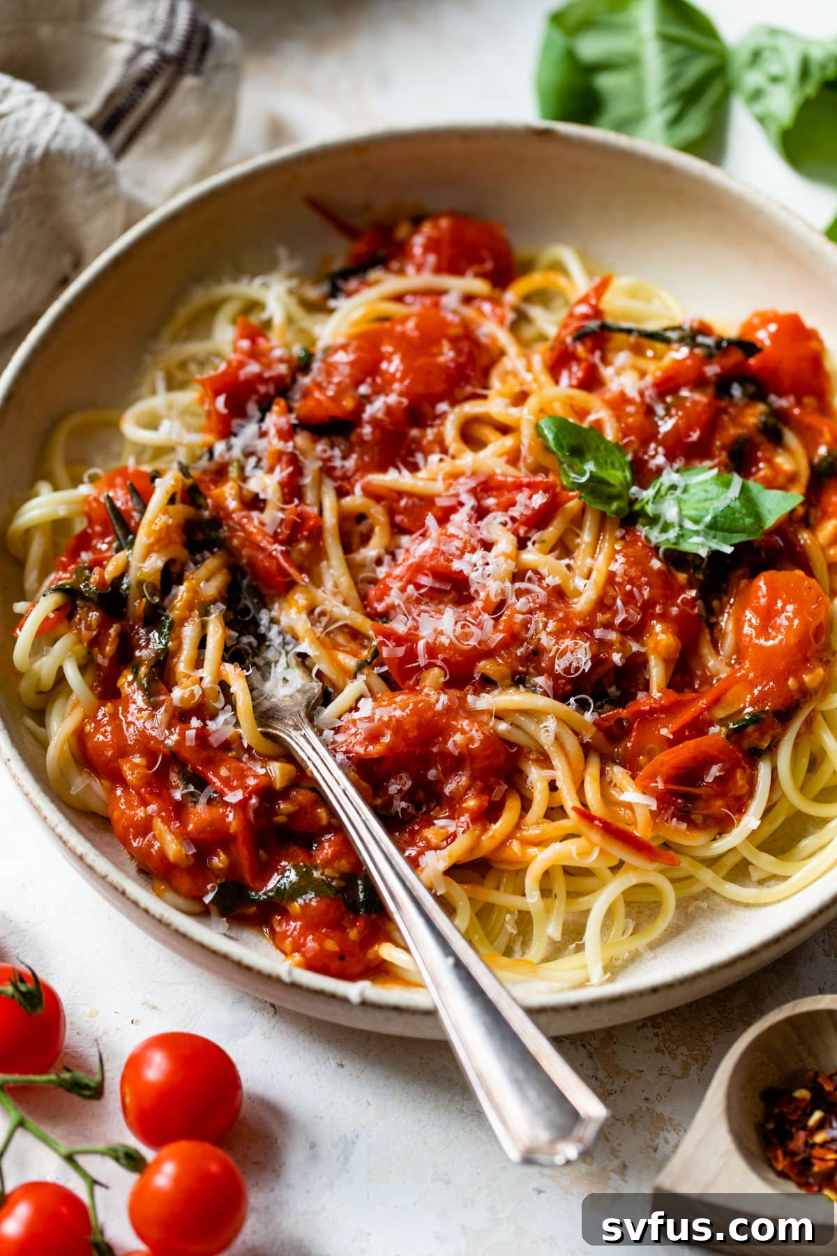 A perfectly plated bowl of spaghetti generously topped with fresh cherry tomato pasta sauce and a sprinkle of fresh basil