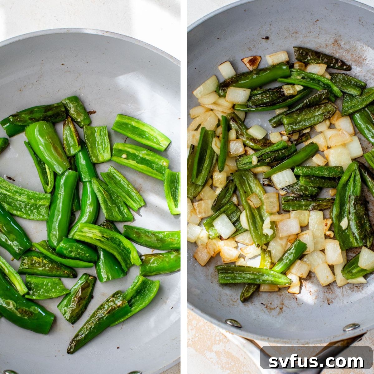 Two images side-by-side. The left image shows green serrano peppers sautéing in a hot skillet with oil. The right image shows chopped onions and garlic added to the skillet, cooking alongside the peppers.