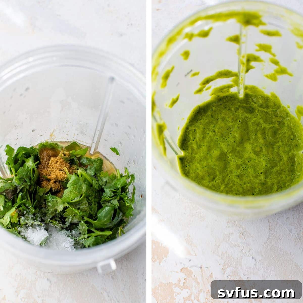 Two images side-by-side. The left image shows water, lime juice, cilantro, cumin, and salt being added to a blender jar. The right image shows all ingredients blended together into a smooth green salsa.