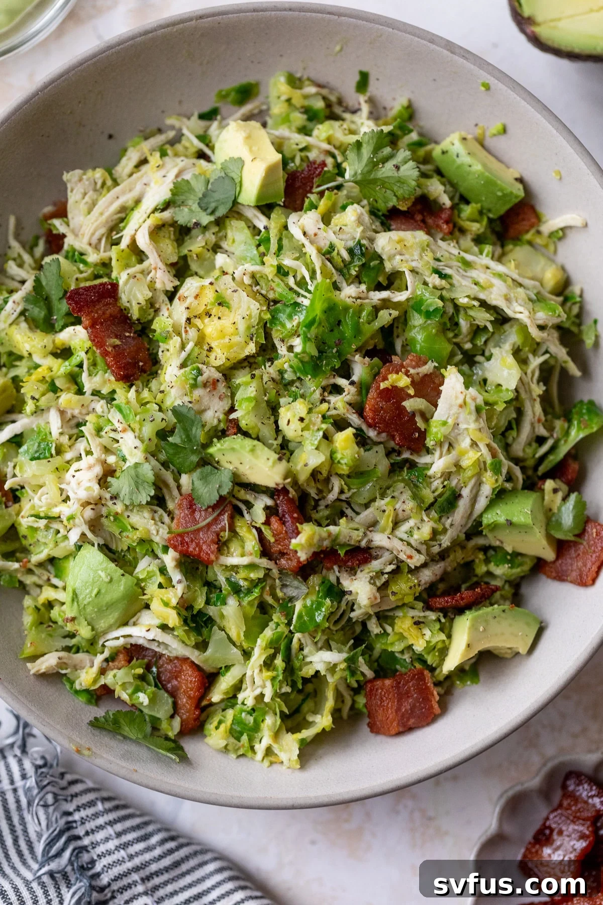 A beautifully assembled Chicken Brussels Sprouts Salad in a large bowl, drizzled with dressing.
