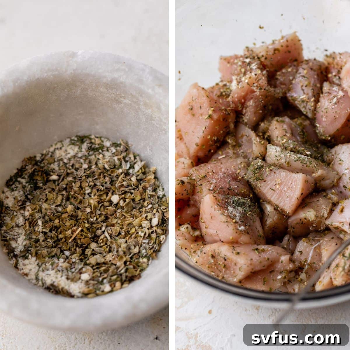 Two images side by side: the left shows various dried herbs and spices in a small bowl, including oregano, onion powder, garlic powder, basil, black pepper, salt, and dill. The right image shows these herbs and spices being mixed with cubed chicken pieces in a larger bowl.