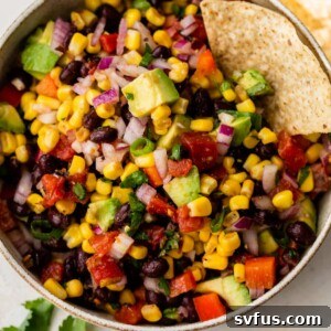A vibrant and colorful Black Bean Corn Salsa in a white bowl, garnished with fresh cilantro and a single tortilla chip, ready to be served.