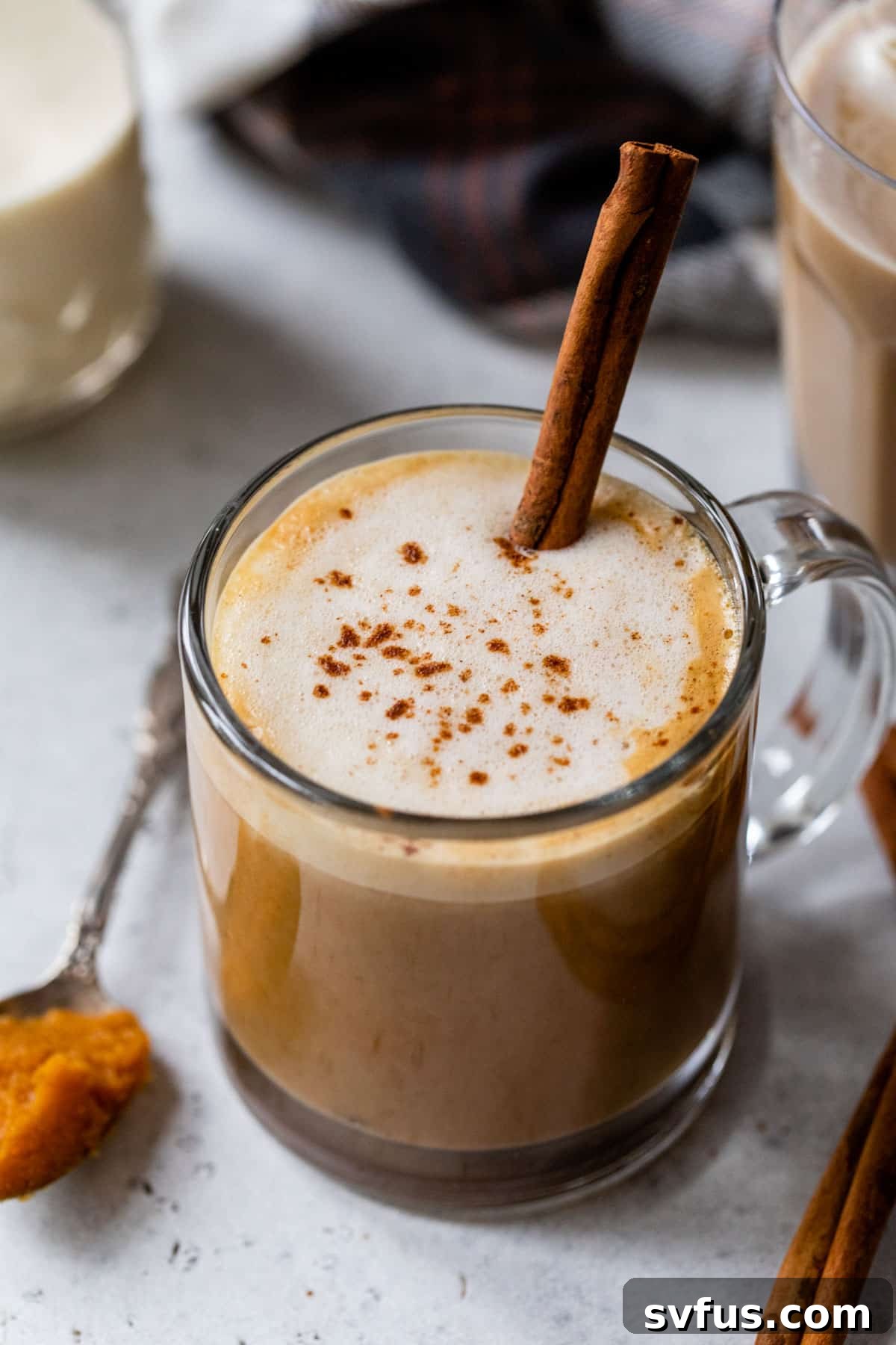 An overhead view of a hot pumpkin spice latte in a mug, garnished with a cinnamon stick and a sprinkle of spices.