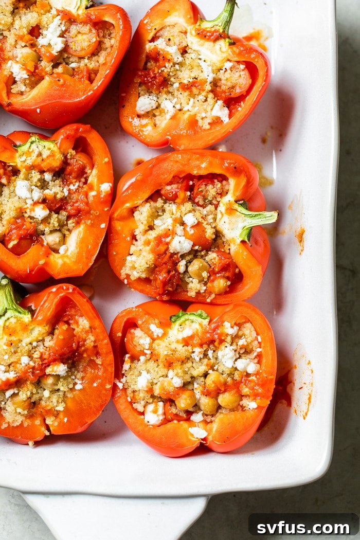 Beautifully baked quinoa stuffed bell peppers in a baking dish, garnished with fresh herbs and feta cheese.