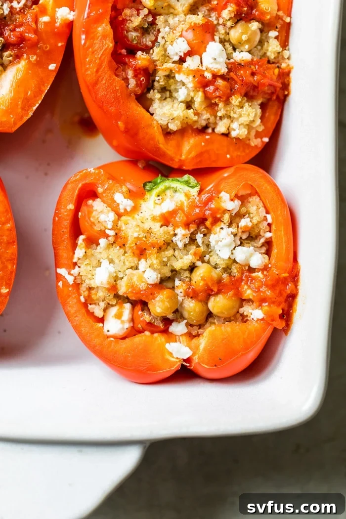 Deliciously baked bell peppers stuffed with quinoa and chickpeas, garnished with fresh parsley, ready to be served.