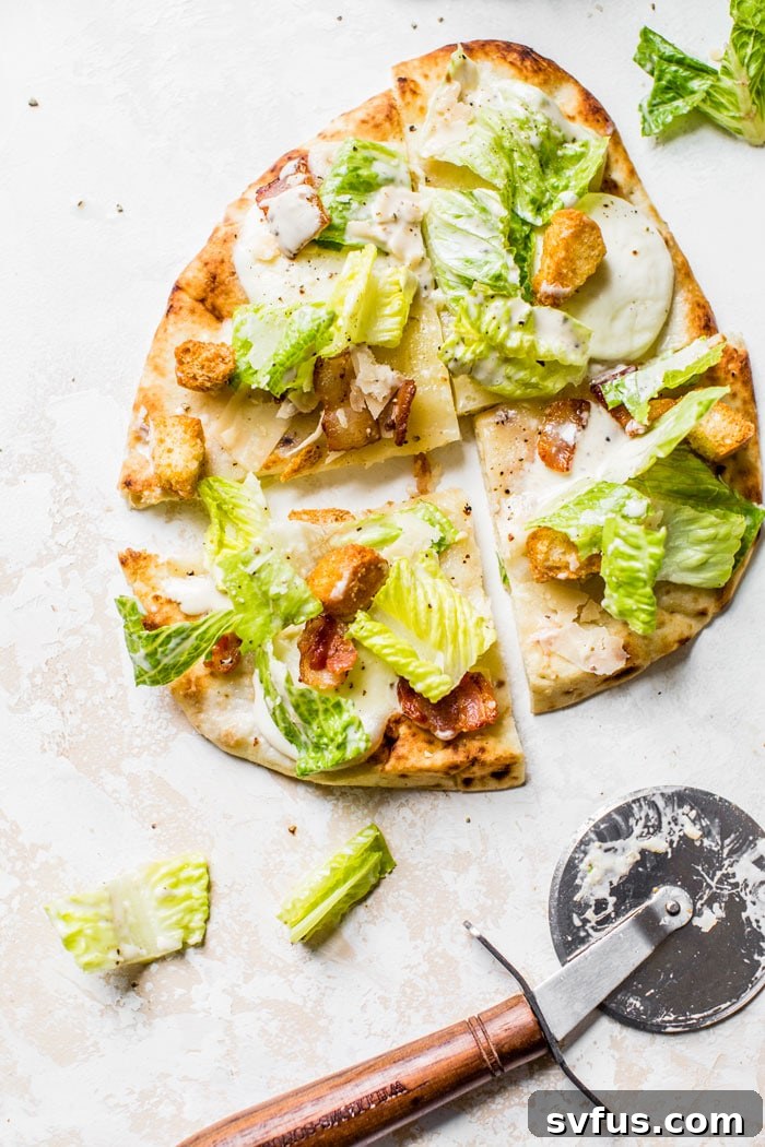 Quick and healthy Caesar Salad Pizza on naan bread