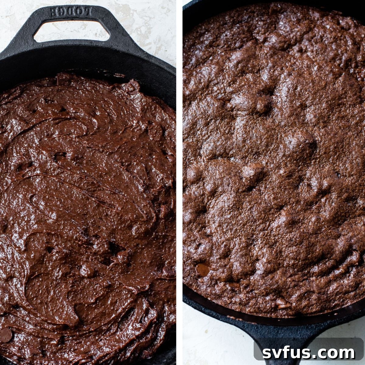 Two images side-by-side: The left shows brownie batter being added to a cast iron skillet. The right shows the finished, baked brownie skillet with a crackly top.