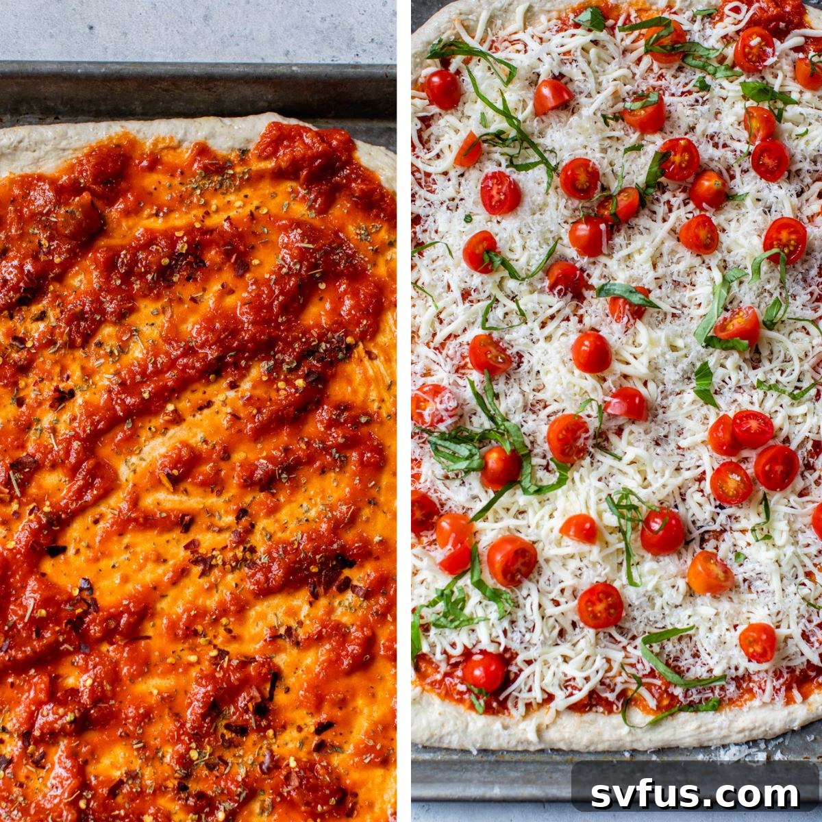 Two images side by side: the left shows pizza dough on a baking sheet with red sauce, and the right shows the assembled pizza with cheese, cherry tomatoes, and basil before baking.