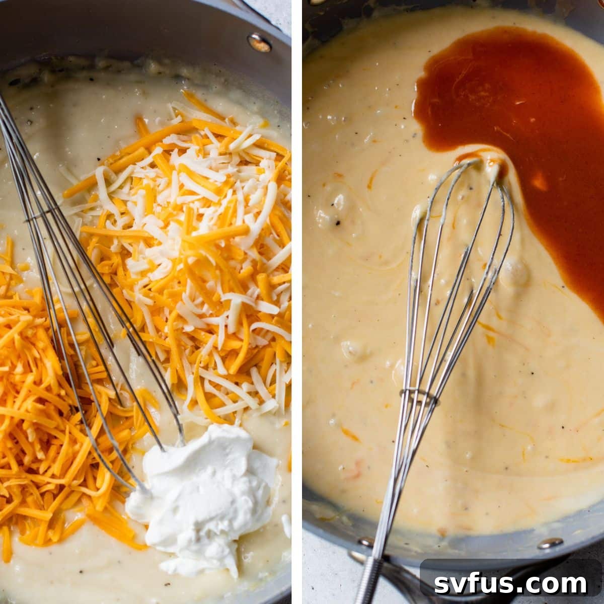 2 images: the left image shows cheese and greek yogurt added to sauce in a skillet and the right image shows buffalo sauce whisked into to the sauce