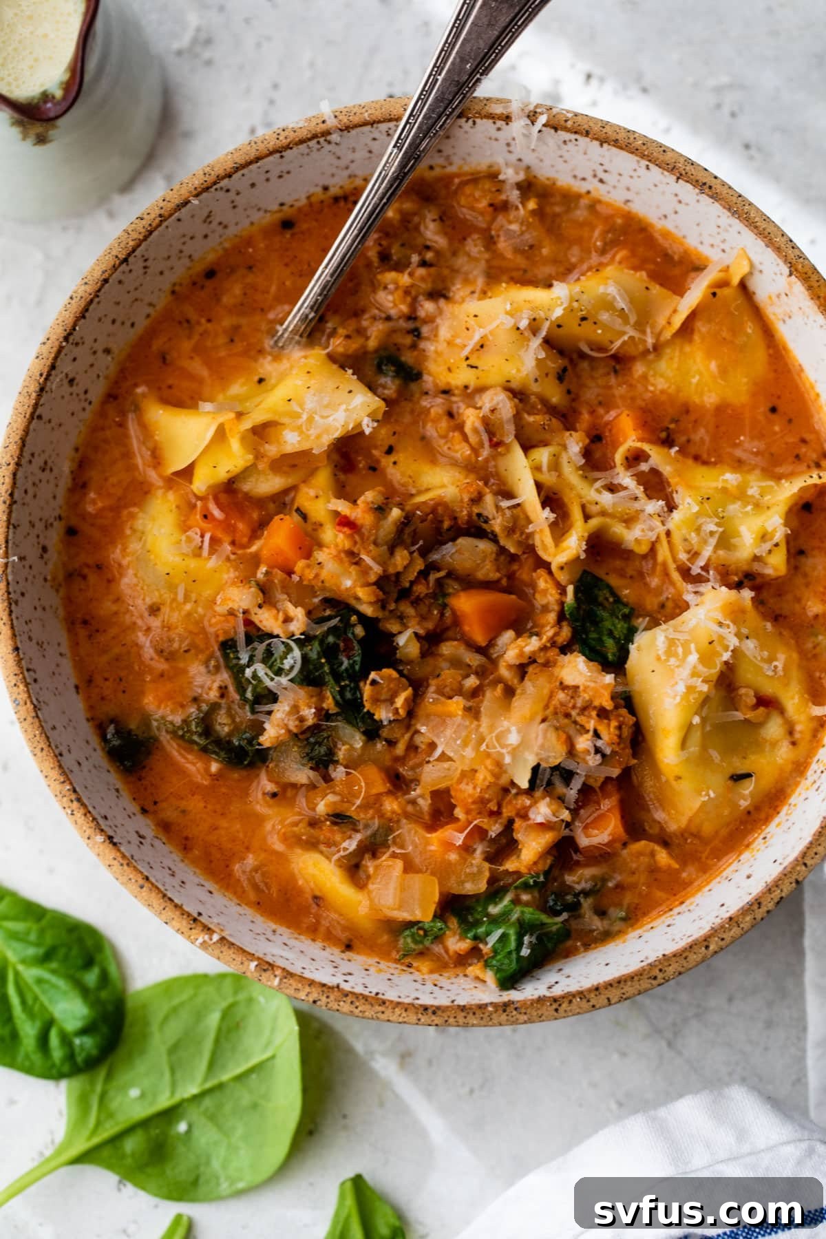 A comforting bowl of Sausage Tortellini Soup, garnished with fresh parsley.