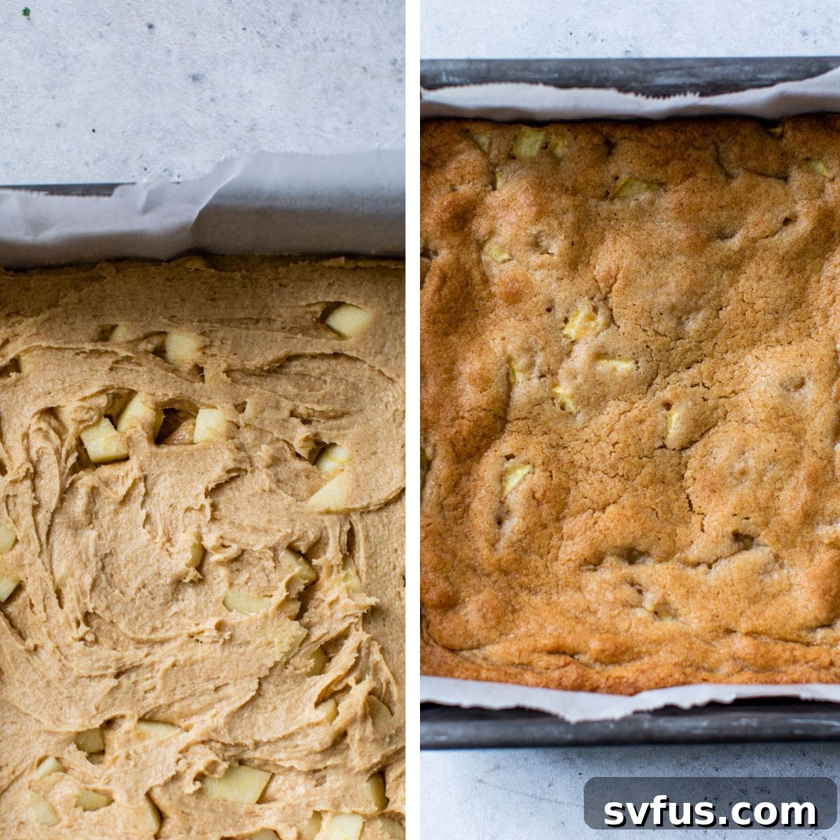 Two side-by-side images illustrating the baking process. The left image shows the raw apple blondie batter spread evenly in a parchment-lined baking dish. The right image displays the same blondies, now golden-brown and beautifully baked, still resting in the dish.