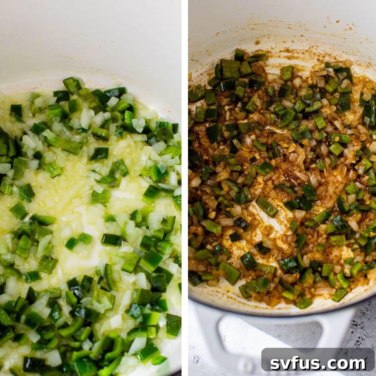 2 images: the left image shows onion and poblano pepper sautéing in oil in a dutch oven and the right image shows chili powder and cumin added to the sautéed veggies