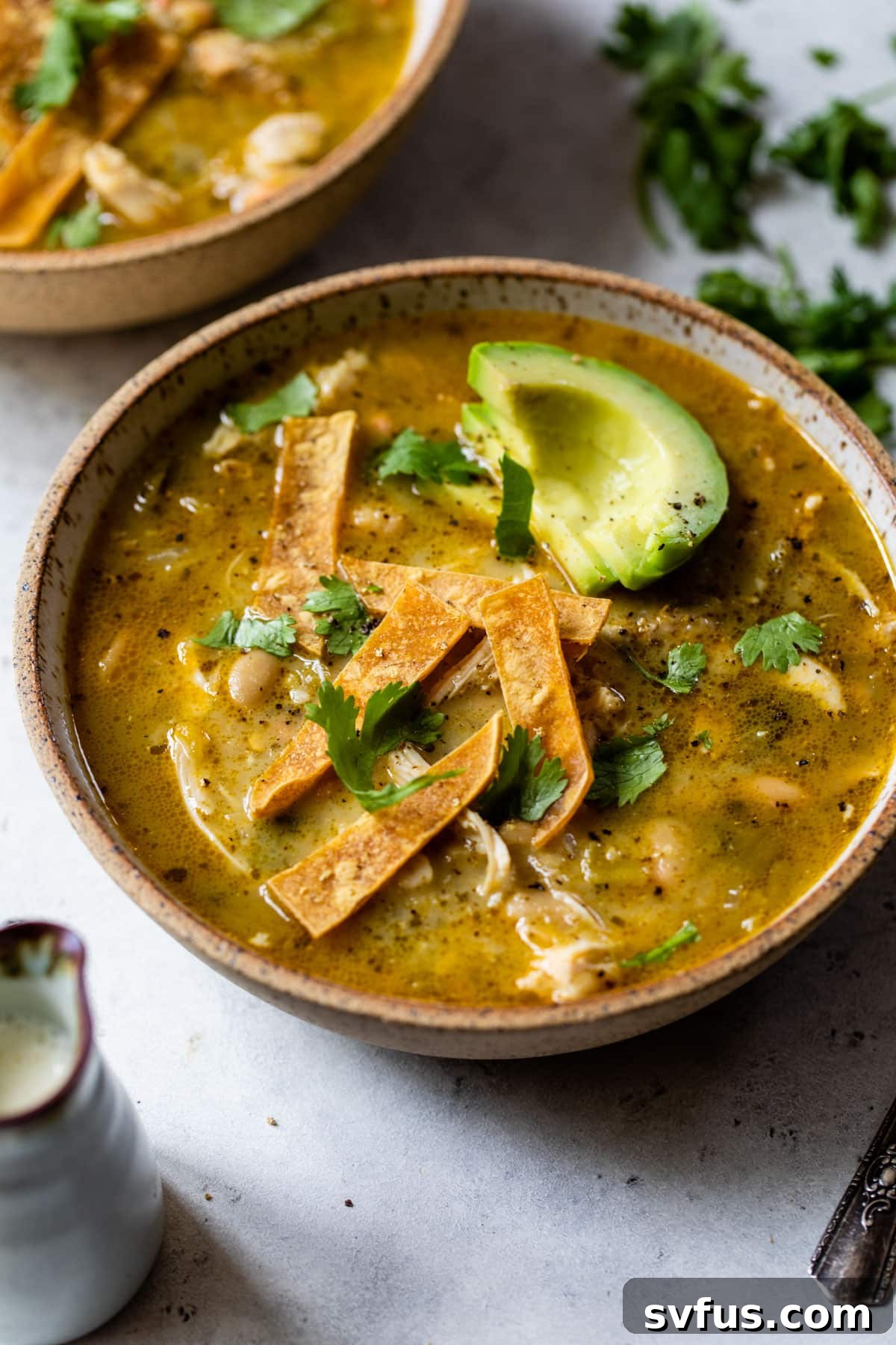 green chicken chili in a bowl with sliced avocado and tortilla strips on top