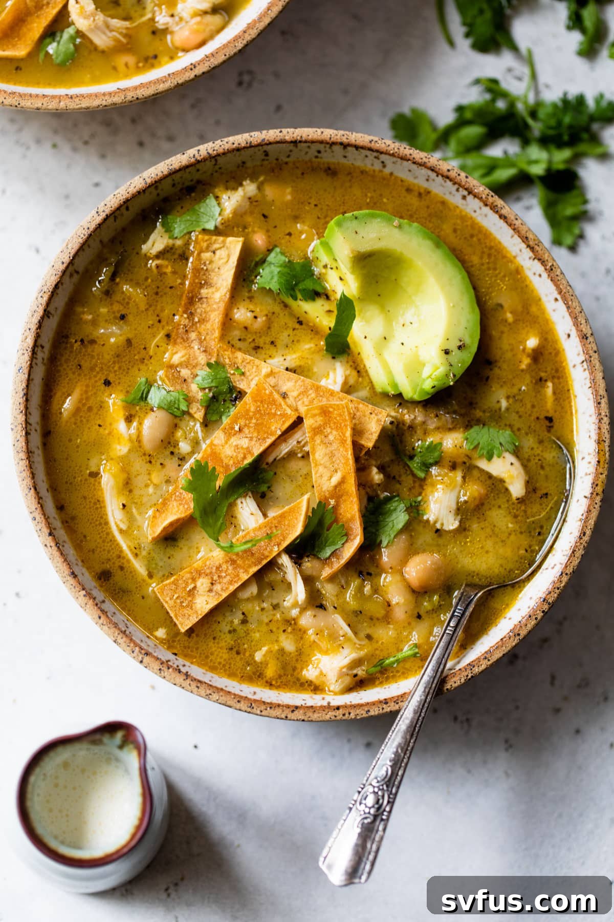 overview of green chicken chili in a bowl with a spoon and with sliced avocado and tortilla strips on top
