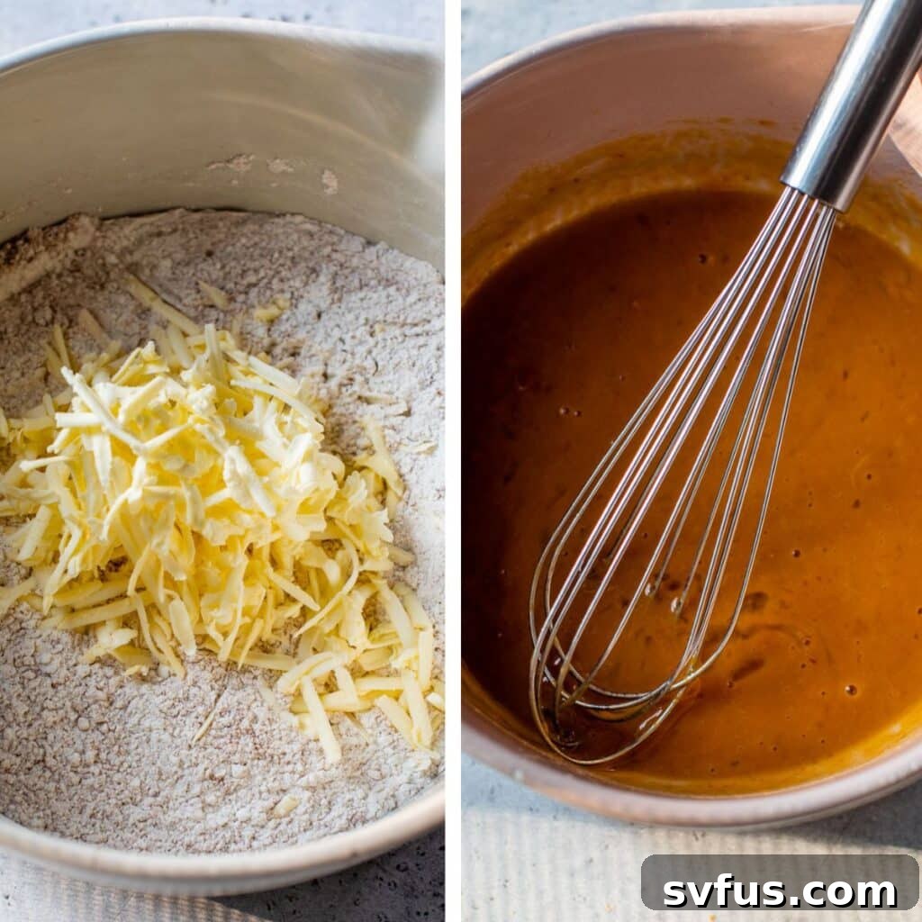 two images: a bowl of flour with cut butter on top on the left and whisked wet ingredients including pumpkin in a bowl on the right