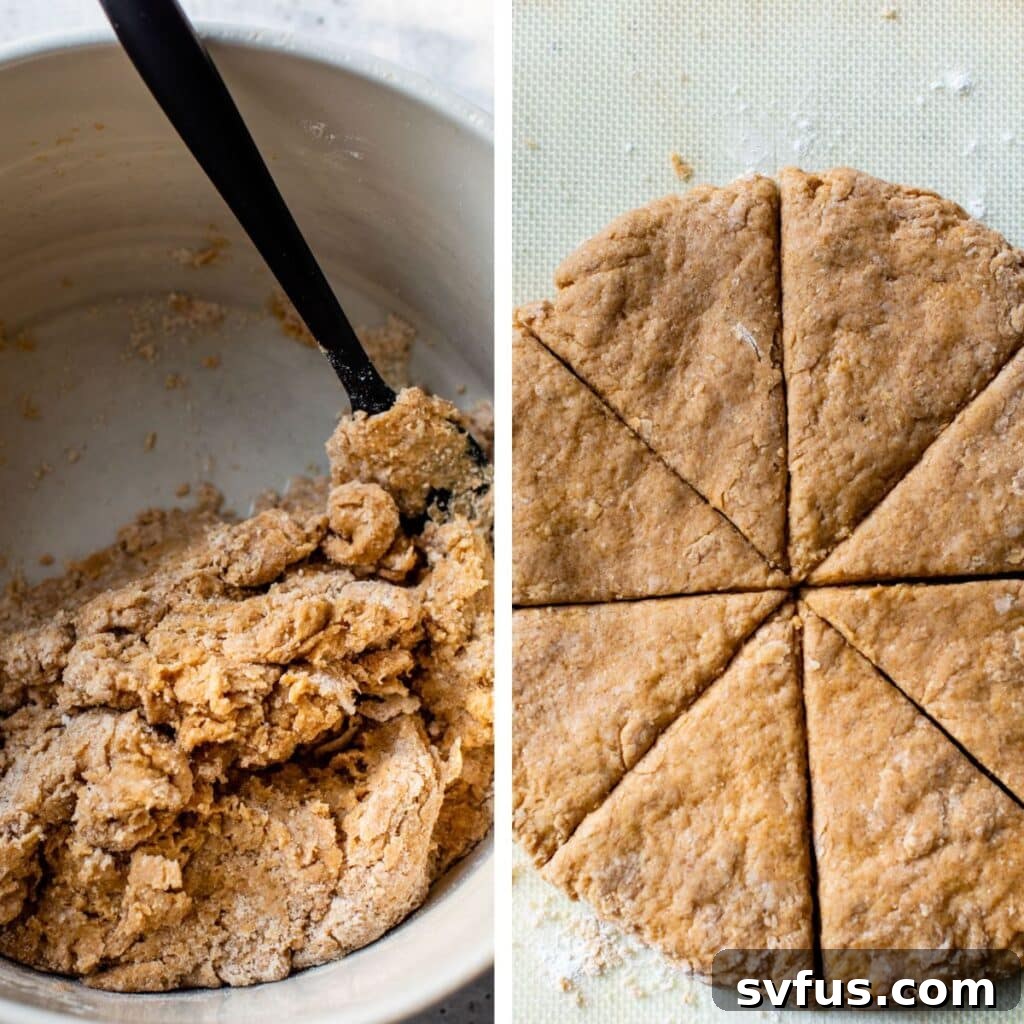 two images: a bowl of dough on the left and unbaked scones on a baking mat on the right