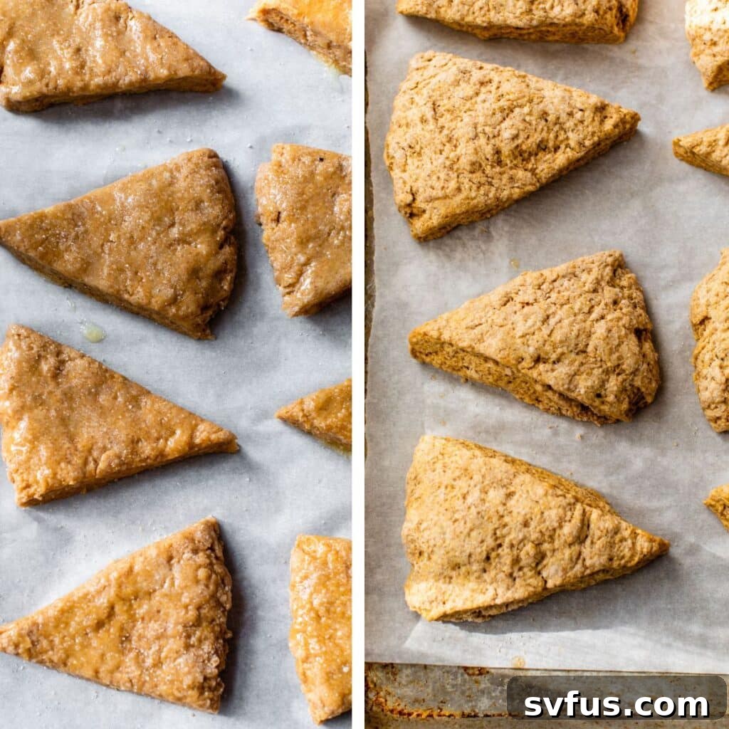two images: unbaked scones on a baking sheet on the left and baked scones on a baking sheet on the right