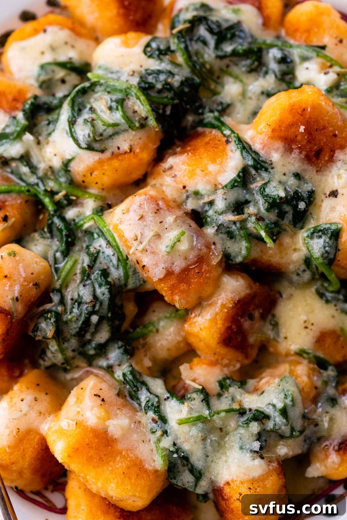A close-up view of golden-brown gnocchi nestled in a skillet, topped with vibrant cooked spinach and a glistening butter sauce.