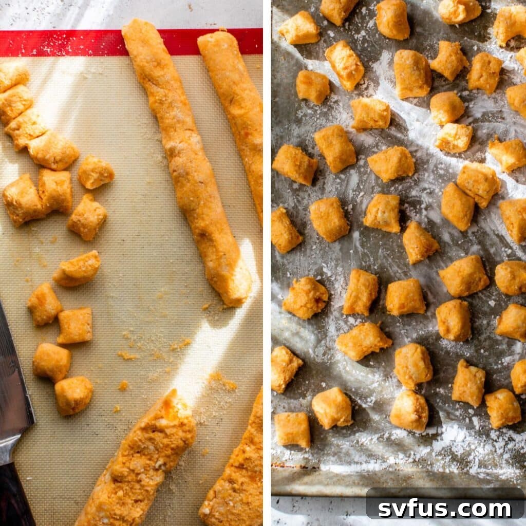 Two side-by-side images: on the left, sweet potato dough being meticulously cut into gnocchi pieces; on the right, neatly arranged uncooked gnocchi resting on a lightly floured baking sheet.