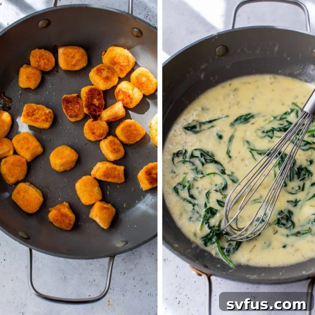 Two complementary images: on the left, perfectly pan-fried gnocchi acquiring a golden crust in a hot skillet; on the right, a rich, aromatic butter and sage sauce simmering gently in another skillet.