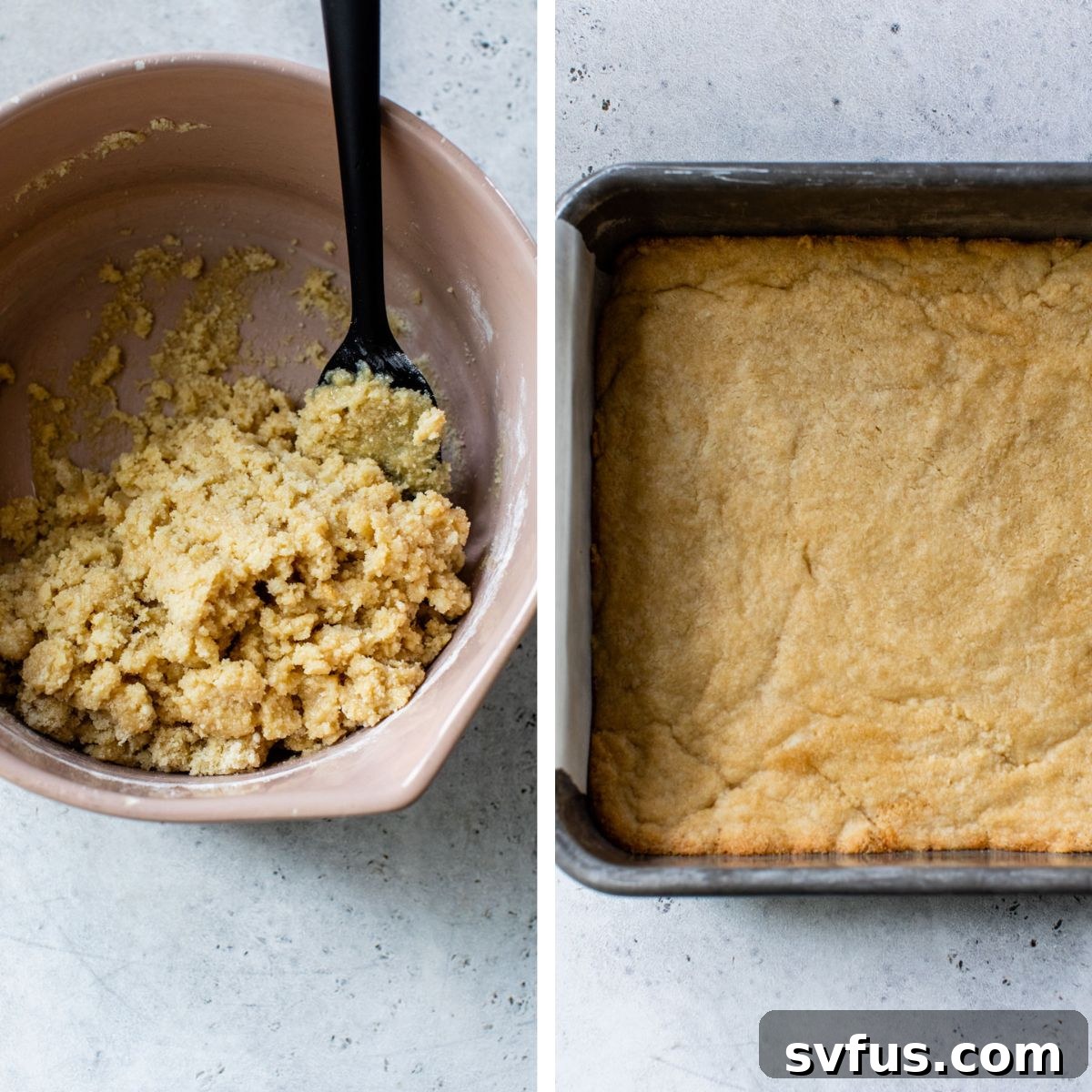 2 images: the left image shows crust ingredients mixed together in a bowl with a spatula and the right image shows the crust baked in a baking dish