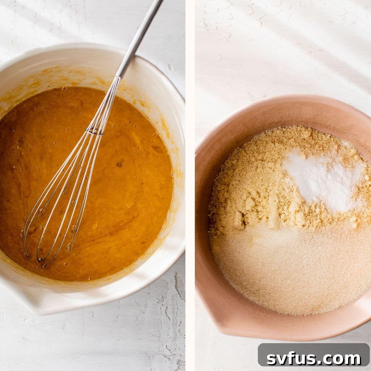 Wet ingredients in a bowl being whisked together, showing the smooth consistency of the batter.