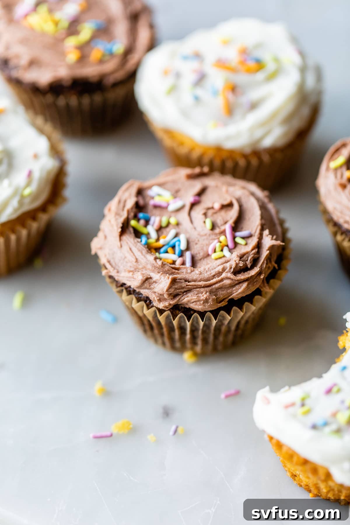 An array of chocolate and vanilla almond flour cupcakes, beautifully decorated with buttercream icing and colorful sprinkles.