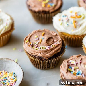 chocolate and vanilla cupcakes topped with rainbow sprinkles on a marble board