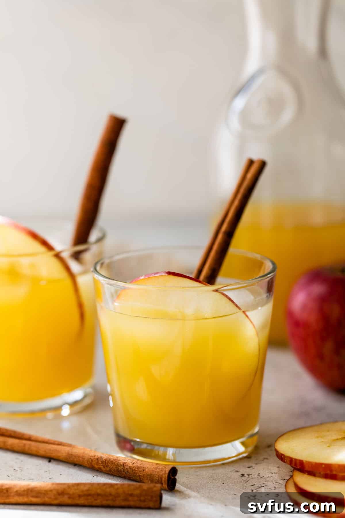 Side view of a glass of apple cider punch, garnished with ice and a cinnamon stick, ready to be enjoyed.