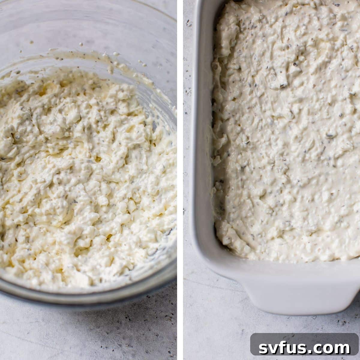 Two images showcasing the preparation: Left image shows cream cheese and cottage cheese being mixed in a bowl; right image shows the blended cheese mixture transferred into a small baking dish.