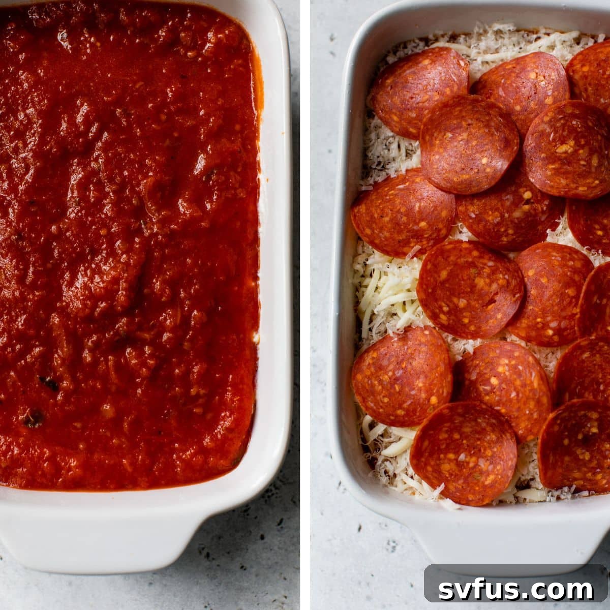 Two images showing the assembly of the dip: Left image shows marinara sauce being spooned over the cheese base in a baking dish; right image shows shredded cheese and pepperoni slices added on top of the sauce.