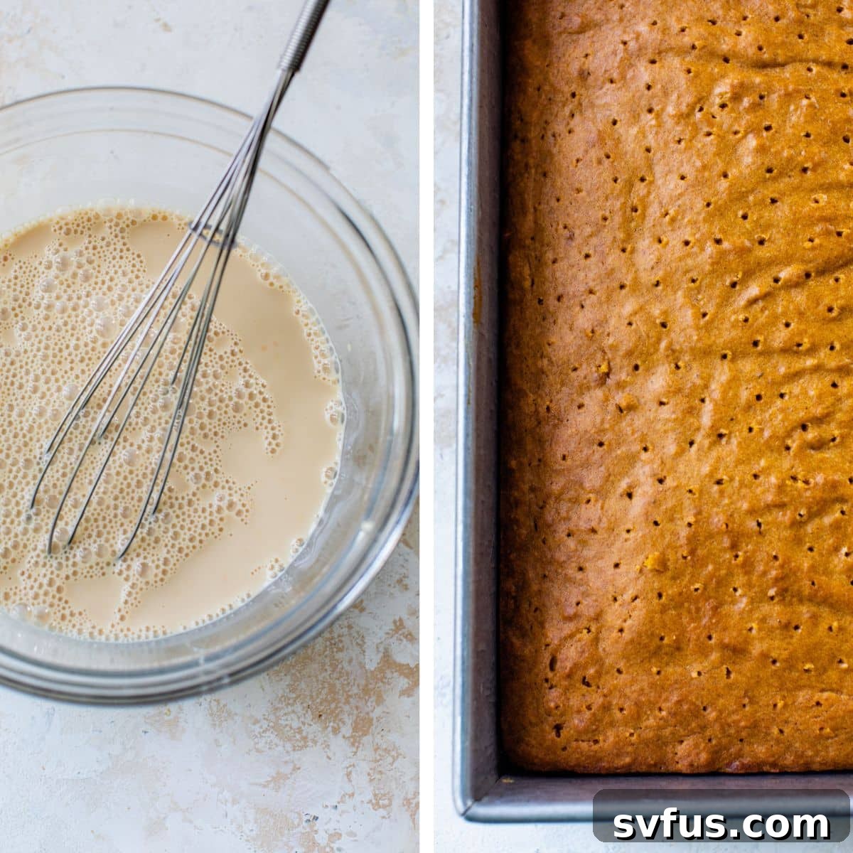 2 images: the left image shows the 3 milks whisked together in a glass bowl and the right image shows the cake with poked holes all over