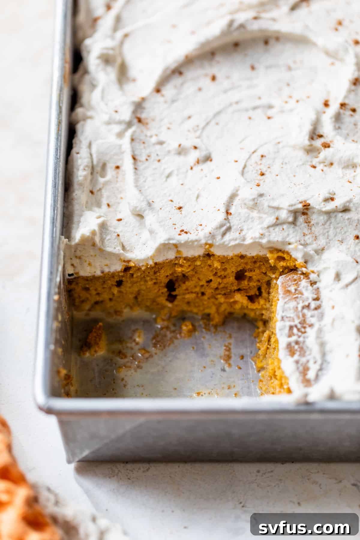 side view of pumpkin tres leches with a slice taken out