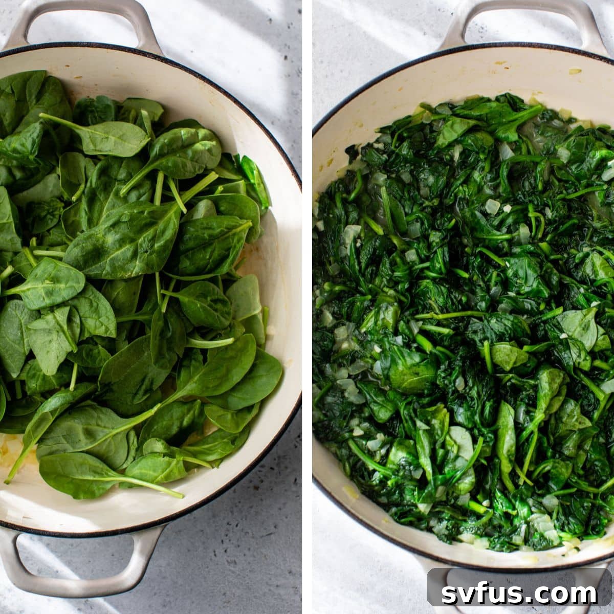 process of adding fresh spinach to a dutch oven and wilting it with sautéed aromatics