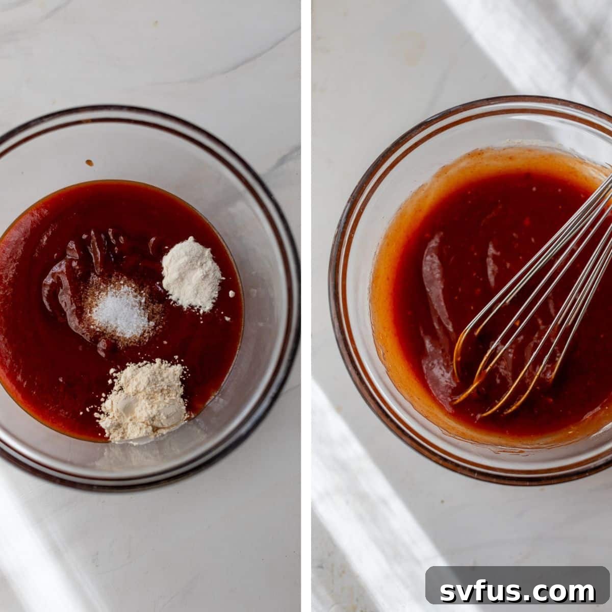Two images: the left shows individual ingredients for BBQ marinade being added to a bowl, the right shows the ingredients thoroughly mixed together.