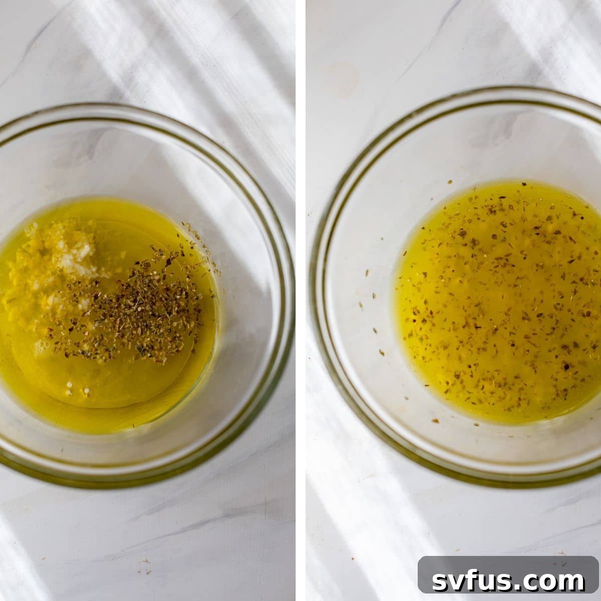 Two images: the left shows individual ingredients for Lemon Garlic marinade being added to a bowl, the right shows the ingredients thoroughly mixed together.