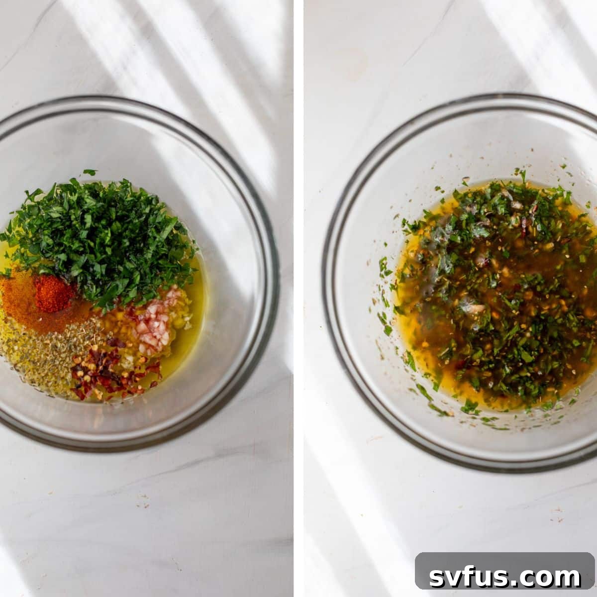 Two images: the left shows individual ingredients for Chimichurri marinade being added to a bowl, the right shows the ingredients thoroughly mixed together.