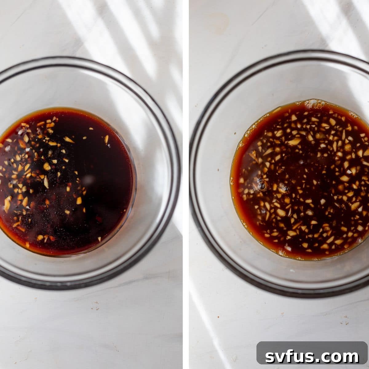 Two images: the left shows individual ingredients for Teriyaki marinade being added to a bowl, the right shows the ingredients thoroughly mixed together.