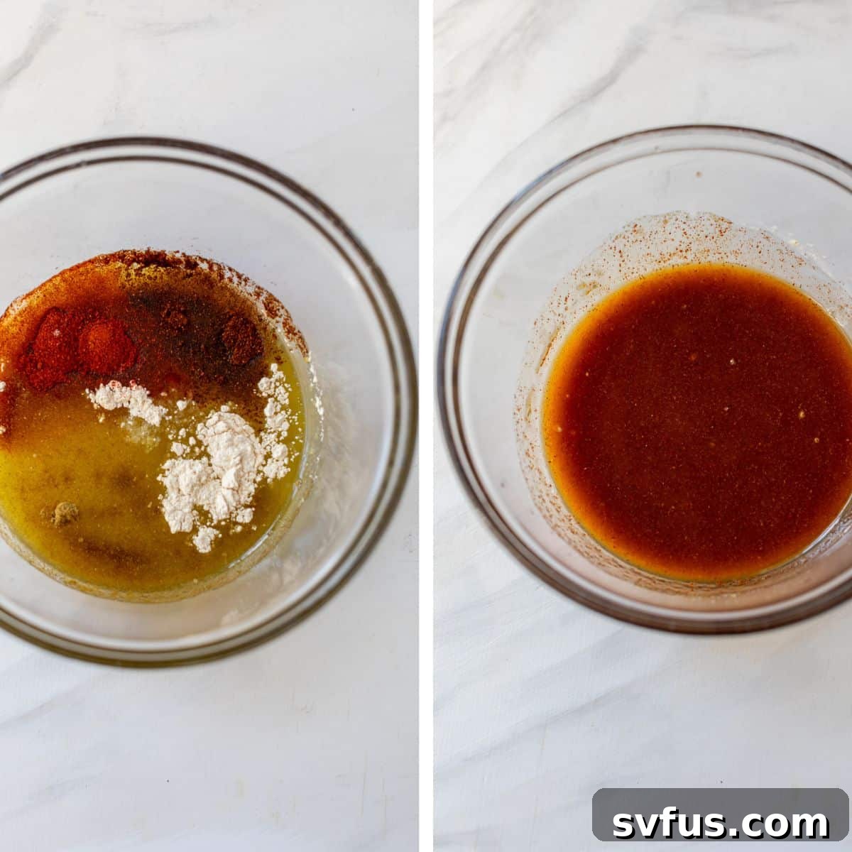 Two images: the left shows individual ingredients for Mexican marinade being added to a bowl, the right shows the ingredients thoroughly mixed together.