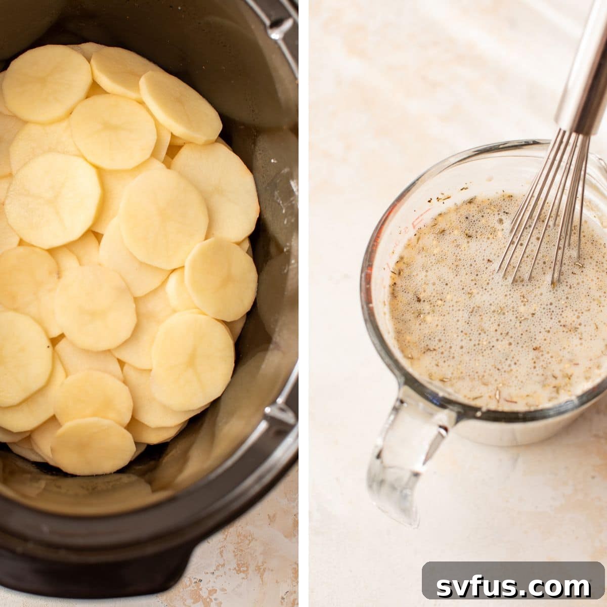 Two images side by side: the left image shows thinly sliced potatoes and diced onions layered inside a crockpot; the right image shows milk, flour, garlic powder, and thyme whisked together in a measuring glass.