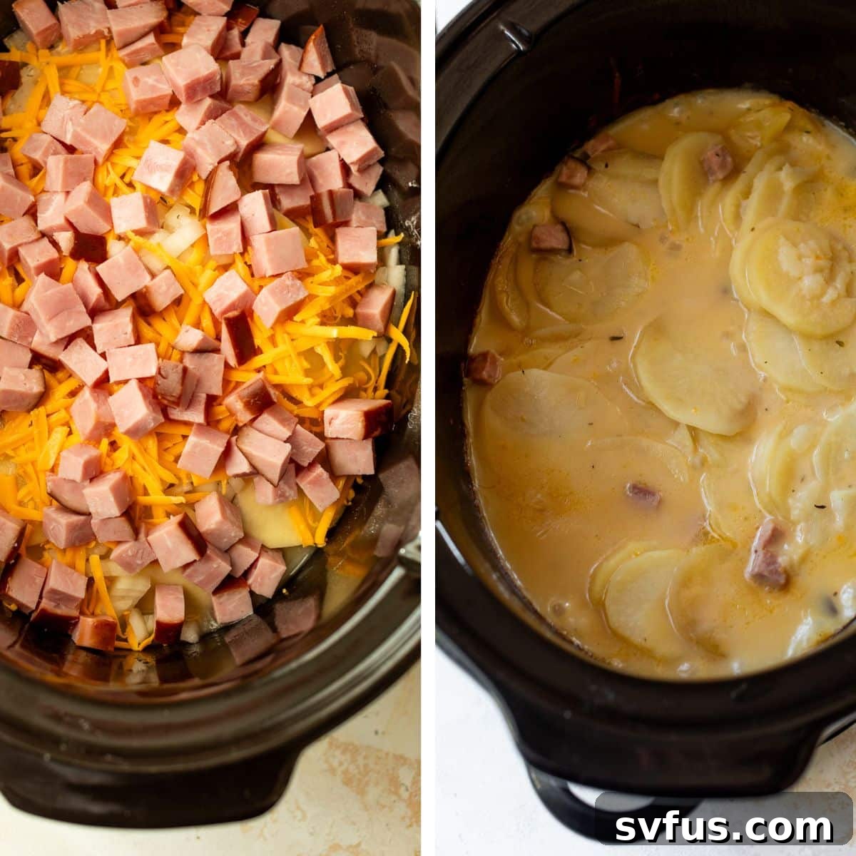 Two images side by side: the left image shows shredded cheese and diced ham added on top of the raw potatoes and onions in the crockpot; the right image shows all ingredients gently stirred together in the crockpot, coated in the liquid mixture.