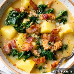 A finished bowl of Whole30 Zuppa Toscana soup, close up.
