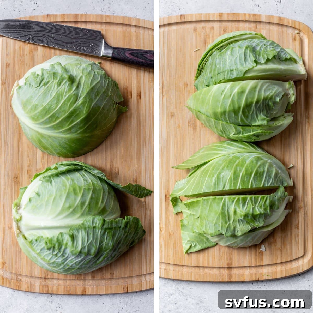 2 images: the left image shows a cabbage cut in half on a cutting board and the right image shows each cabbage half sliced