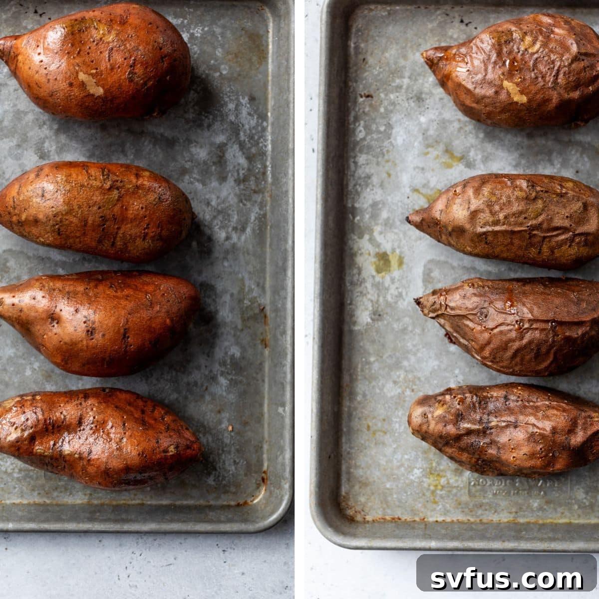 2 images: the left image shows sweet potatoes on a baking sheet and the right image shows baked sweet potatoes on a baking sheet