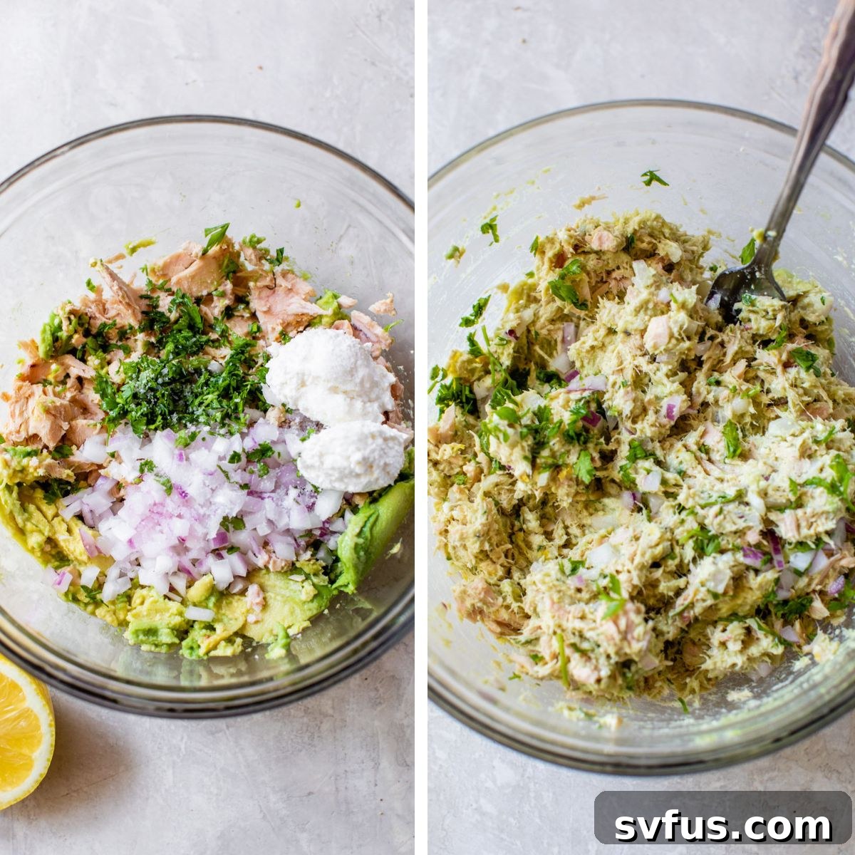 2 images: the left image shows all ingredients in a glass bowl and the right image shows the ingredients all mashed together